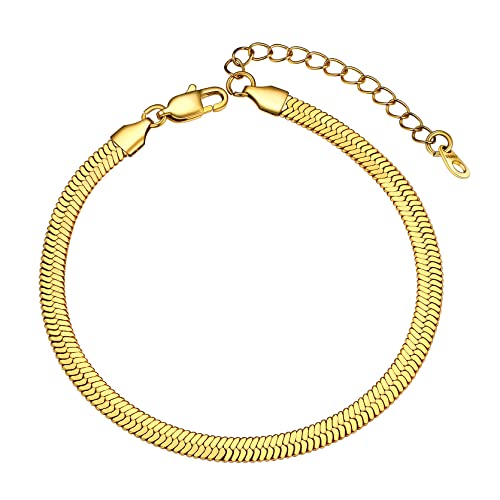 GoldChic 5mm breit Damen Fußkettchen 316L Edelstahl Schlichtes Flaches Schlangen Fußkettchen ohne Anhänger Sommer Fischgrätenkette Knöchel Ketten in Gold mit 22cm+5cm Kette von GOLDCHIC JEWELRY