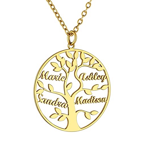 GoldChic 925 Sterling Silber Namenskette mit 4 Namen Anpassbare Runde Lebensbaum Anhänger Halskette Damen Frauen Goldene Stammbaum Familie Kette BFF Kette von GOLDCHIC JEWELRY