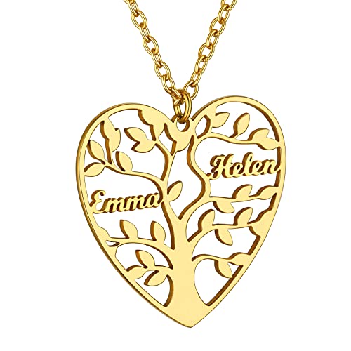 GoldChic Anpassbare Damen Kette mit 2 Namen Herz Lebensbaum Halskette 18K Vergoldet Baum des Lebens Anhänger Familie Halskette Stammbaum Namenskette für BFF Halskette Familie Kette von GOLDCHIC JEWELRY