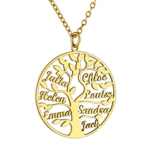 GoldChic Anpassbare Lebensbaum Anhänger Namenskette 925 Sterling Silber Familie Stammbaum des Lebens Halskette mit 7 Namen Gravur in Gold Namenskette BFF Halskette von GOLDCHIC JEWELRY