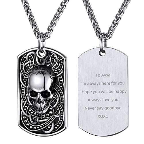 GoldChic Anpassbare Militärischer Totenkopf-Anhänger Halskette mit Motiven-Gravur Edelstahl Dog Tag Totenkopf Skull Halskette mit Schädel Anhänger Gotik Totenkopf Charm in Silber mit 55cm+5cm Kette von GOLDCHIC JEWELRY