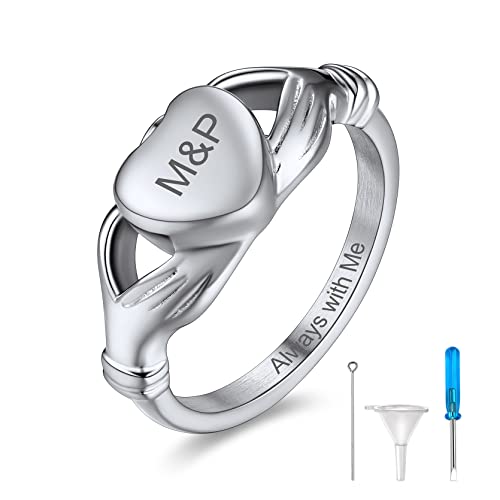 GoldChic Anpassbarer Asche Ring mit Textgravur Edelstahl Claddagh Herz Urne Anhänger für Asche Damen Herren Memorial Andenken Ring Ringgröße 54.4（17.3） Feuerbestattung Schmuck für Hunde Katze von GoldChic