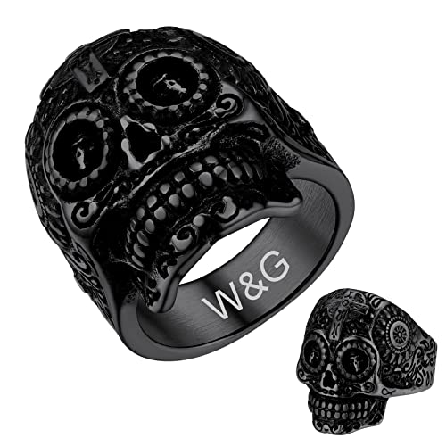 GoldChic Anpassbarer Biker Totenkopf Ring mit Name/Wunsch/Text Gravur Herren Siegelring 316L Edelstahl Männer Skull Fingerring Punk Gotik Schädel Bandring in Schwarz Ring Größe 70（22.3） von GoldChic