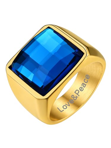 GoldChic Anpassbarer Statement Ring mit Textgravur für Herren Männer 316L Edelstahl Konvexer Ring mit 15mm breit Blautopas Quadratischer Zirkonia Fingerring in Gold Ringgröße 64.6（20） von GOLDCHIC JEWELRY
