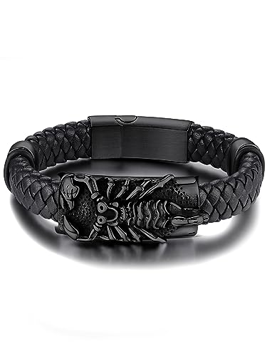 GoldChic Anpassbares Lederarmband Herren mit Eigenem Namen Gravur Schwarz Lederarmbänder Punk Hip Hop Herrenarmband Lederband 23cm lang Männer Jungen Skorpion Armkette für Vatertag Geburtstag von GOLDCHIC JEWELRY