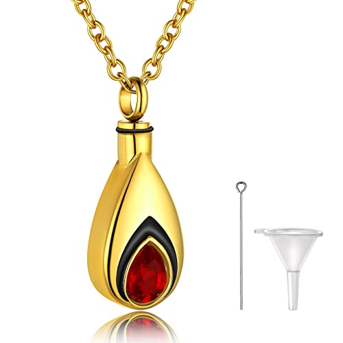 GoldChic Asche Urnen Anhänger Halskette 316L Edelstahl Tropfenförmiger Memorial Schmuck Asche Urnen Andenken Halskette mit Geburtsstein 18K Vergoldet 51cm+5cm lang Urnen Halskette für Memorial von GOLDCHIC JEWELRY