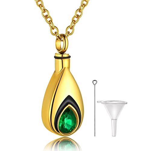 GoldChic Asche Urnen Anhänger Halskette 316L Edelstahl Tropfenförmiger Memorial Schmuck Asche Urnen Andenken Halskette mit Geburtsstein 18K Vergoldet 51cm+5cm lang Urnen Halskette für Memorial von GoldChic