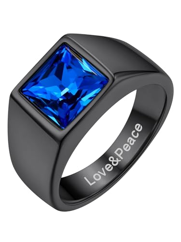 GoldChic Benutzerdefinierter 8mm breit Blauer Topas Zirkon Ring mit Textgravur 316L Edelstahl Quadratischer Zirkonia Fingerring Herren Männer Ehering Verlobungsring in Schwarz Ringgröße 64.6（20） von GOLDCHIC JEWELRY