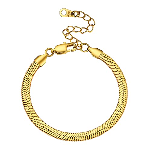 GoldChic Damen Armreif 316L Edelstahl Flaches Schlangenarmband Snake Kette Schlichtes Stapelbares Schlangenkettearmband in 5mm breit ohne Anhänger in Gold mit 16cm+5cm Kette von GOLDCHIC JEWELRY