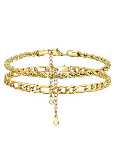 GoldChic Damen Fußkettchen Gold Fußkette Set 2 Stück Fußketten für Frauen Figarokette/Kordelkette Anklet Edelstahl Sommer Strand Barfuß Fußbänder Gold Wasserfest 22cm+5cm lang GoldChic Damen Fußkettchen Gold Fußkette Set 2 Stück Fußketten für Frauen Figarokette/Kordelkette Anklet Edelstahl Sommer Strand Barfuß Fußbänder Gold Wasserfest 22cm+5cm lang von GOLDCHIC JEWELRY