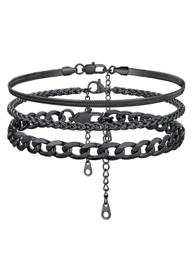 GoldChic Klassisches Fußkettchen Schwarz für Damen Frauen Edelstahl 3 Stück Verstellbare Fußkette Schwarz 22cm+5cm Sommer Strand Knöchel Fußkettchen Schmuck Set Wasserfest von GOLDCHIC JEWELRY