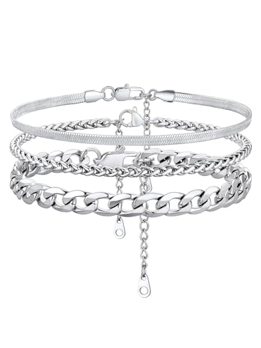 GoldChic 3 Stück Fußkettchen Silber für Damen Edelstahl Verstellbare Schlangenkette/Panzerkette/Tennis Fußkette Silber 22cm+5cm lang Sommer Strand Knöchel Fußbänder für Frauen Mädchen GoldChic 3 Stück Fußkettchen Silber für Damen Edelstahl Verstellbare Schlangenkette/Panzerkette/Tennis Fußkette Silber 22cm+5cm lang Sommer Strand Knöchel Fußbänder für Frauen Mädchen von GOLDCHIC JEWELRY