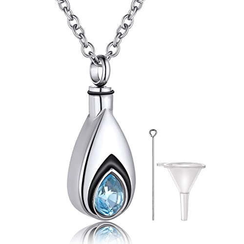 GoldChic Damen Memorial Andenken Halskette Edelstahl Tropfenförmiger Asche Urnen Anhänger Halskette mit Geburtsstein Silberfarbe Memorial Feuerbestattung Schmuck mit Kette 51cm+5cm lang von GoldChic