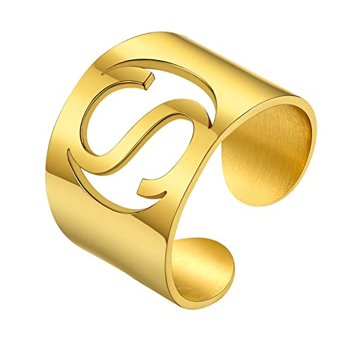 GoldChic Damen Ring Offener Verstellbarer Buchstaben A-Z Ring 316L Edelstahl Initiale S Namen Ring Schlichter Stapelbarer Alphabet Ring in 18K Vergoldet Ringgröße 51.8（16.5）- 67.2（21.4） von GOLDCHIC JEWELRY