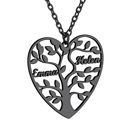 GoldChic Edelstahl Herz Lebensbaum Kette mit 2 Namen Gravur Anpassbare Baum des Lebens Familie Halskette BFF Namenskette in Schwarz Modeschmuck Geschenke für Mutter Damen Frauen Mädchen von GOLDCHIC JEWELRY