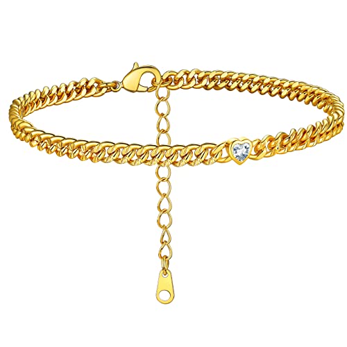 GoldChic Fußkette Damen Frauen Gold Fußkettchen Stabil Fusskettchen Armband 4mm breit Zirkon Geburtsstein Panzerkette Fußketten 22cm+5cm Barfuß Strand Knöchel Fußbänder von GOLDCHIC JEWELRY