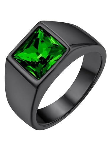 GoldChic Geburtsstein Ring mit Wunsch-Motiven Gravur für Herren Männer 316L Edelstahl Glänzender Zirkon Siegelring 8mm breit Quadratischer Bandring in Schwarz Ringgröße 62.1（19.8） von GOLDCHIC JEWELRY