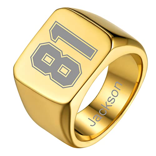 GoldChic Glänzend Poliert Siegelring mit Anzahl Gravur Edelstahl Quadrat Männer Fingerringe Hip Hop Bandring 18K Vergoldet Rock Freundschaftsring Ringgröße 67.2（21.4） von GoldChic