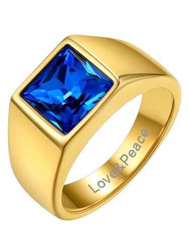 GoldChic Glänzender Blauer Topas Zirkon Ring mit Name Gravur für Herren Männer 316L Edelstahl Schlichter Glänzender Zirkonia Siegelring in Gold Ringgröße 56.5（18.1） von GOLDCHIC JEWELRY