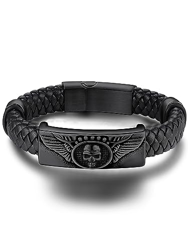 GoldChic Gotik Herrenarmband Lederband Schwarz Lederarmbänder mit Skull Charm für Männer Jungen 23cm lang Punk Totenkopf Armkette mit Magnetverschluss von GOLDCHIC JEWELRY