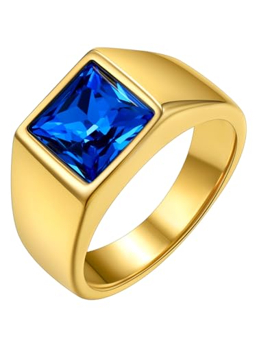 GoldChic Herren Bandring 316L Edelstahl Männer Zirkonia Fingerring mit 8mm breit Quadratischem Blautopas Stapelbarer Zirkon Siegelring in Gold Ringgröße 64.6（20） von GOLDCHIC JEWELRY