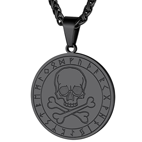 GoldChic Herren Halskette mit Totenkopf Skull Anhänger Edelstahl Wikinger Runder Totenkopf Schädel Anhänger mit Lüne Zeichen Hip Hop Punk Totenkopf Beads Charm in Schwarz mit 55cm+5cm Kette von GOLDCHIC JEWELRY