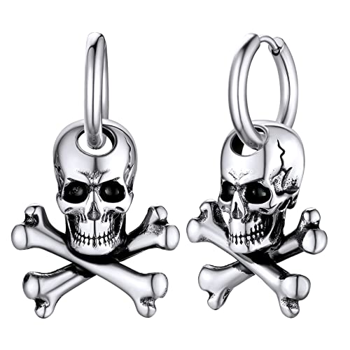 GoldChic Edelstahl Herren Totenkopf Huggie Punk Gotik Skull Creolen Ohrstecker Männer Jungen Schädel Ohrringe in Silber Mode Hoop Accessoires von GOLDCHIC JEWELRY