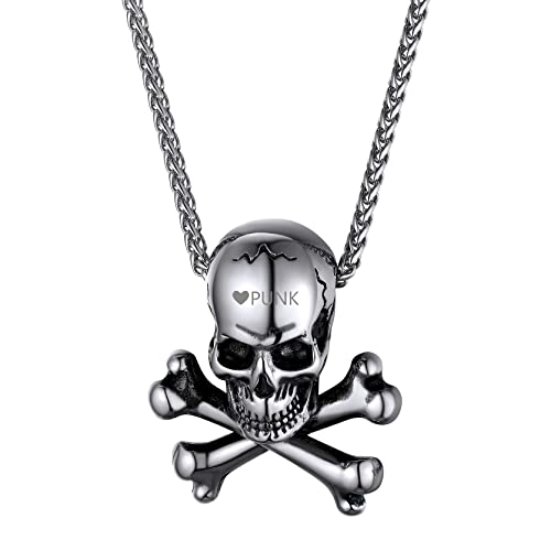 GoldChic Herren X-Bone-Totenkopf Schädel Anhänger mit Motiven-Gravur Edelstahl Horror crossbones Totenkopf Beads Charm Biker Gotik Retro Stil Totemkopf Skull Kette in Silber mit 55cm+5cm Kette von GOLDCHIC JEWELRY