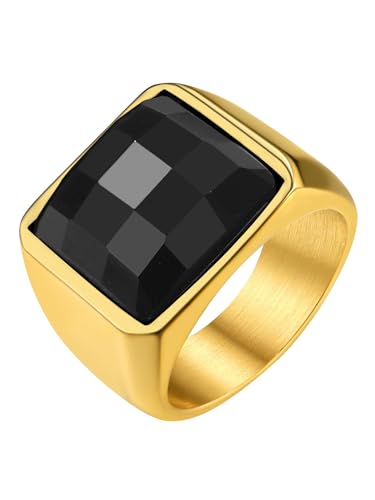 GoldChic Herren Zirkon Ring 316L Edelstahl 15mm breit Quadratischer Geburtsstein-Cabochon-Ring mit schwarzem Kristall Anniversary Promise Siegelring in Gold Ringgröße 56.5（18.1） von GOLDCHIC JEWELRY