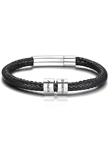 GoldChic Herrenarmband Lederband 5mm breit Personalisierte Männer Jungen Lederarmbänder mit 2 Namen Perlen BFF Lederarmreif Schwarz Länge 18cm Geschenke für Vatertag Geburtstag von GOLDCHIC JEWELRY