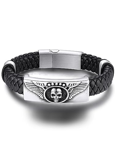 GoldChic Hip Hop Lederarmband mit Eigenem Namen für Herren Männer Edelstahl Schädel Herrenarmband Lederband 21cm lang Schwarz Männer Jungen Lederarmbänder für Vater Freund von GOLDCHIC JEWELRY