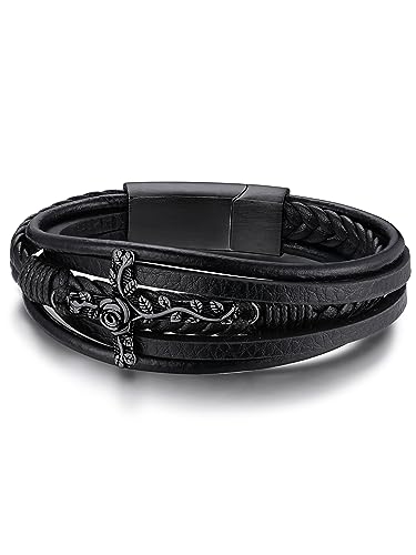 GoldChic Hip Hop Männer Jungen Lederarmbänder Schwarz 19cm lang Punk Wickelamrband mit Kreuz Anhänger Wikinger Herrenarmband Lederband von GoldChic