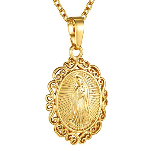 GoldChic Goldkette Damen Jungfrau Maria Kette Gold Wundertätigemedaillemitkette Groß Kettenanhänger Heilige Maria Medaille Halskette 46CM Rolokette Kupfer Religiöser Amulett Modeschmuck für Ostern von GoldChic