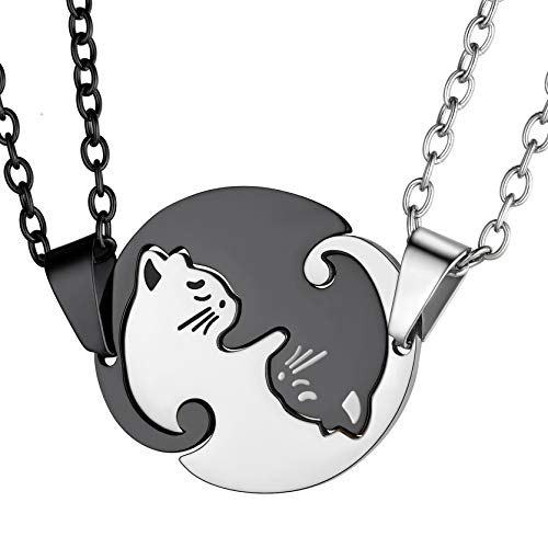 GoldChic Katze Partneranhänger Edelstahl Puzzle Anhänger Schwarz und Silber Puzzle Passender Anhänger Paar Halskette 2PCS Herren Damen Edelstahl Paar Halskette von GoldChic