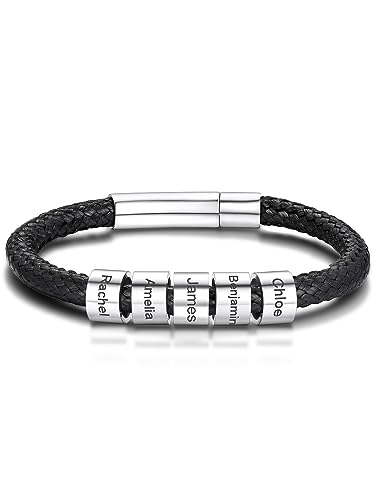 GoldChic Leder Armreif Schwarz 5mm breit Lederarmband Herren Personalisierte Lederarmbänder mit 5 Namen Gravur 20cm lang ID Armreif Charm Schmuck für Männer Jungen von GOLDCHIC JEWELRY