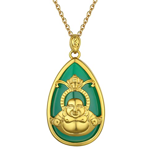 GoldChic Maitreya Buddha Anhänger aus Kupfer und Harzimitation Jade Chinesischer Stil Maitreya Lachen Buddha Anhänger Talisman Amulett Halskette Schützt Glück Reichtum in Gold mit 46+5cm Kette von GOLDCHIC JEWELRY