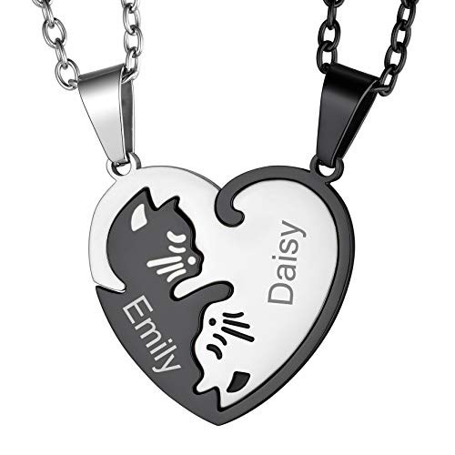 GoldChic Paare Halskette Herz Katze Partneranhänger mit kostenloser Gravur Schwarz und Silber Anhänger Partnerketten Freundschaft Familie Halskette für Paare,Familie,Freundschaft von GOLDCHIC JEWELRY