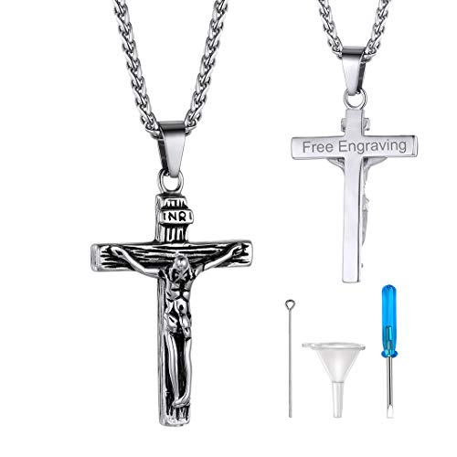 GoldChic Personalisierte Asche Urne Halskette mit Jesus Kreuz Anhänger mit Textgravur Memorial Urnen Halskette mit Kreuz Anhänger Memorial Kreuz Urne Kapsel Schmuck mit 55cm+5cm Kette von GOLDCHIC JEWELRY