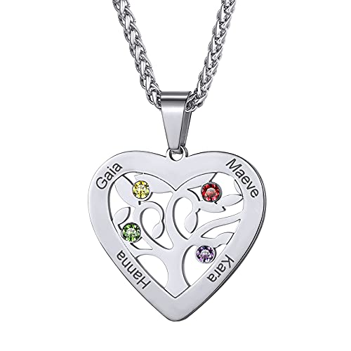 GoldChic Personalisierte Lebensbaum Namenskette Edelstahl Herz Baum des Lebens Halskette mit 4 Namegravur für Damen Frauen Zirkonia Namenskette von GOLDCHIC JEWELRY