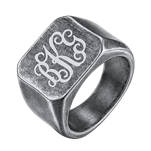 GoldChic Personalisierter Herren Ring mit Initiale A-Z Gravur Edelstahl Siegelring Vintage Quadrat Band Ring Punk Style Hip Hop Fingerring Ringgröße 59.5 (18.9) in Vintage Grau von GOLDCHIC JEWELRY