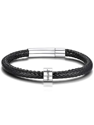 GoldChic Personalisiertes Herren Armband mit Eigenem Namen Gravur 5mm breit Männer Jungen Lederarmbänder 22cm lang Kunstleder Armkette Schwarz Geschenke für Vatertag Jahrstag Geburtstag von GOLDCHIC JEWELRY