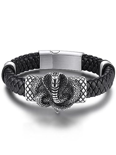 GoldChic Punk Herren Armband Lederarmbänder Schwarz Edelstahl Herrenarmband Lederband mit Kobra Charm Punk Männer Jungen Armkette 21m lang Geschenke für Vatertag Geburtstag von GOLDCHIC JEWELRY