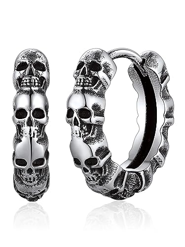 GoldChic Punk Totenkopf Ohrringe Edelstahl Skull Huggie Ohrstecker Gotik Schädel Creolen Hoop in Silber Geschenke für Herren Damen von GOLDCHIC JEWELRY