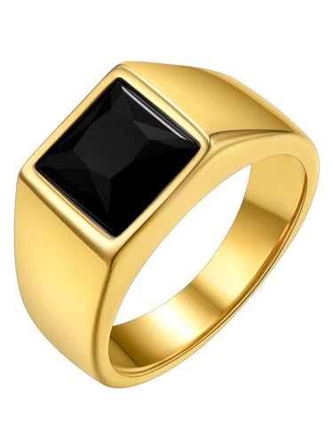 GoldChic Schlichter Zirkonia Ring mit 8mm breit Quadratischem Schwarzem Geburtsstein 316L Edelstahl Brillant Schliff Zirkonia Siegelring Ehering Verlobungsring in Gold Ringgröße 70（22.3） von GOLDCHIC JEWELRY