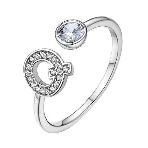 GoldChic Schmaler Buchstaben Ring mit Glücksbriefe Q Charm S925 Silber Verstellbarer Offener Initial Premium Alphabet Ring Verlobungsring Memoire Ring in Weißgold Ringgröße 51.8（16.5）- 67.2（21.4） von GOLDCHIC JEWELRY