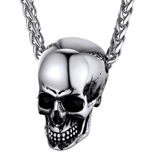 GoldChic Stapelbarer Totenkopf Skull Beads Charm Edelstahl Aushöhler Totenkopf Schädel Anhänger für Ketten Biker Gotik Totenkopf Anhänger in Silber mit 55cm+5cm Kette für Herren Männer von GOLDCHIC JEWELRY