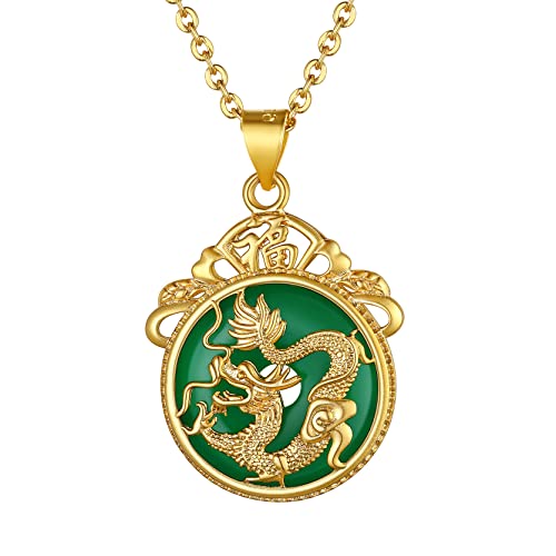 GoldChic Traditionelle Drachen-Totem-Anhänger Halskette Grüne runde Jade Drachen-Anhänger Halskette Amulette im Chinesischen Stil aus Kupfer Symbol für Reitum und Erfolg mit 46+5 Kette von GoldChic
