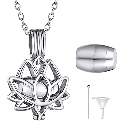 GoldChic Urnen Halskette für Asche mit Lotusform Anhänger Silber zu Öffnen Memorial Urne in Lotusform Kette mit Anhänger Memorial Feuerbestattung Schmuck mit 51cm+5cm Kette von GOLDCHIC JEWELRY