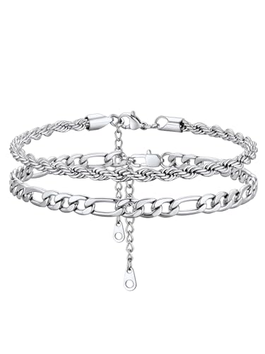 GoldChic Verstellbares Fußkettchen für Damen Silber 2 Stück Fußketten Set Frauen Sommer Strand Barfuß Fußkette Edelstahl 22cm+5cm Figarokette/Kordelkette Fußbänder für Frauen Mädchen von GoldChic
