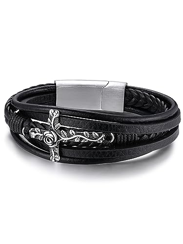 GoldChic Viking Herren Lederarmband mit Kreuz Anhänger 23cm lang Männer Jungen Lederarmbänder Schwarz Wickelarmband Bracelet Armkette Mode Armschmuck von GOLDCHIC JEWELRY